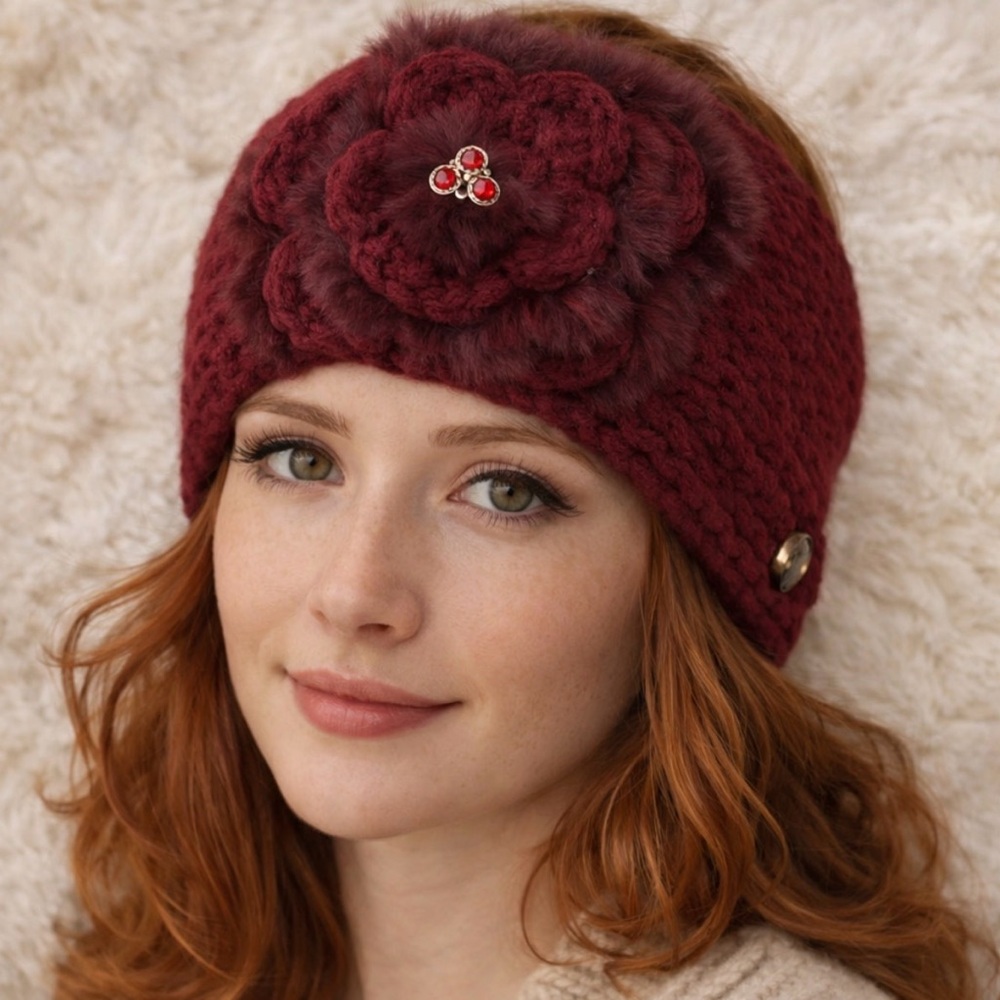 Hand Knit Burgundy Headband Neck Warmer w/ Faux Fur Flower & Rhinestone Accent